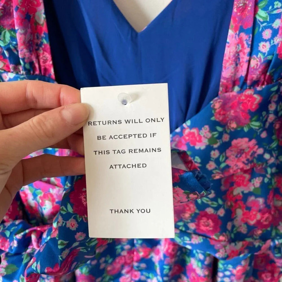 For Love & Lemons Puff Sleeve Open Back Annie Mini Dress Blue  Pink Floral Sz S - Picture 10 of 11